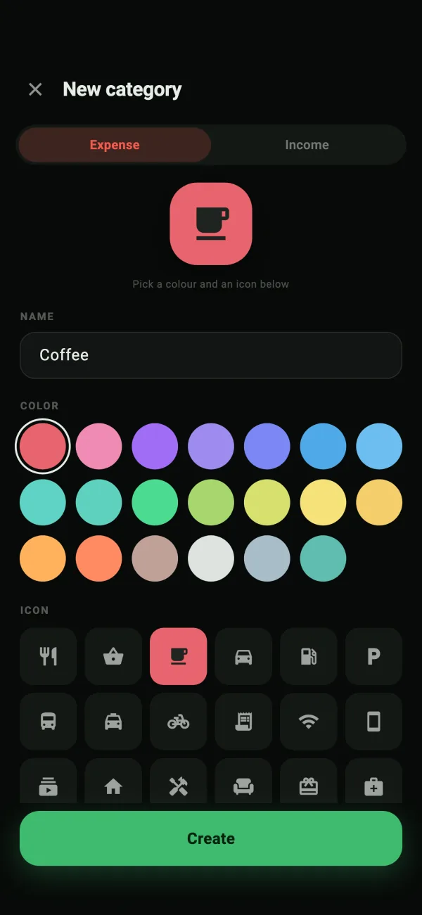 Editing a category: icon and color